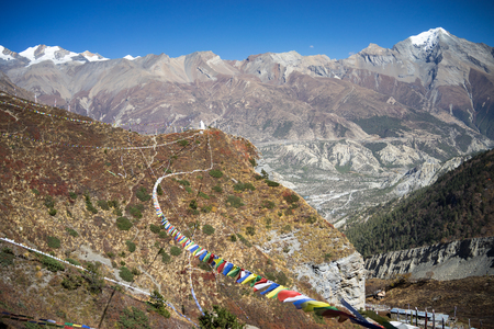 Pisang Peak and Forest in the Himalaya mountains, Annapuna region, Nepalの写真素材