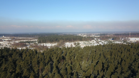 Aerial view of winter frozen forest covered in snowの写真素材