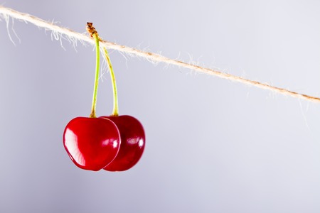 Cherry and rope on white background with clampの写真素材