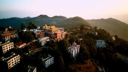 Thrangu Tashi Yangtse Monastery Namo Buddha is one of the most sacred Buddhist pilgrimage sites in Nepal from drone Mavic air 4Kの写真素材