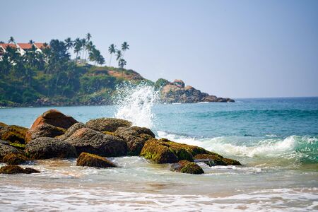 Ocean coast with big waves and rocksの写真素材