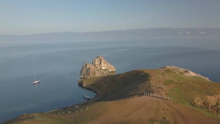 View above big beautiful lake, Baikal lake, Russia air video from droneの写真素材