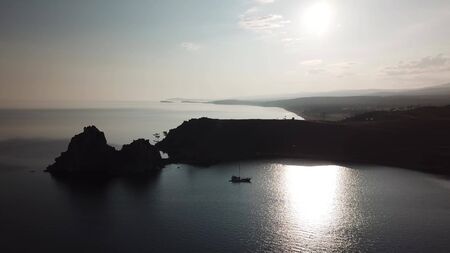 View above big beautiful lake, Baikal lake, Russia air photo from droneの写真素材