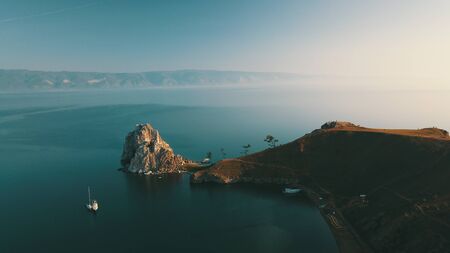 View above big beautiful lake, Baikal lake, Russia air video from droneの写真素材