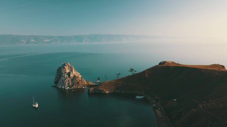 View above big beautiful lake, Baikal lake, Russia air video from droneの写真素材