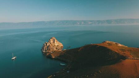 View above big beautiful lake, Baikal lake, Russia air video from droneの写真素材