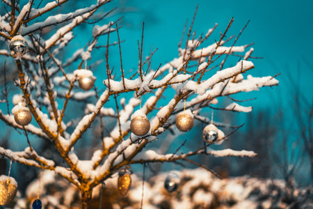 Christmas golden ball and tree branch. Christmas decorations.