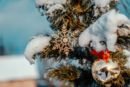 Christmas golden ball and tree branch. Christmas decorations.の写真素材