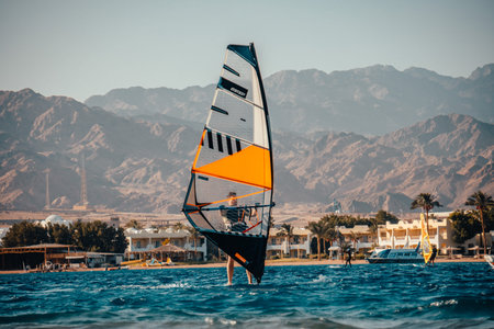 Kite surfing in Dahab Egypt. Exploring the blue water with mountains