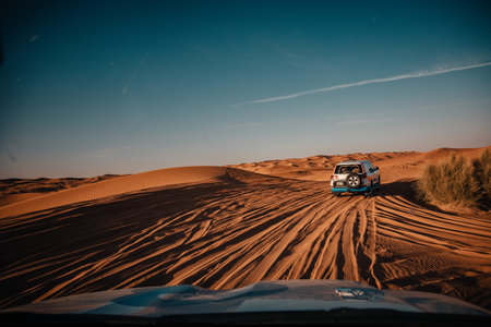Sundown in desert. Red sand desert background.の写真素材