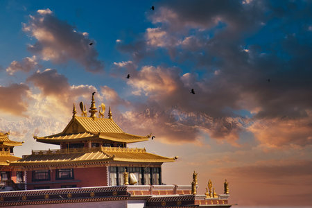Sunset above valley Buddhist monastery Nepal in the Himalaya mountainsの写真素材