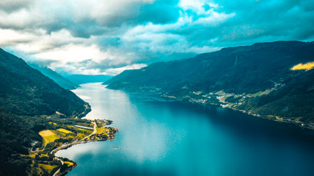 View to fjord and water from drone in Norwayの写真素材