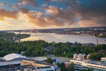 Old Town of Riga on dramatic sunrise, Latviaの写真素材