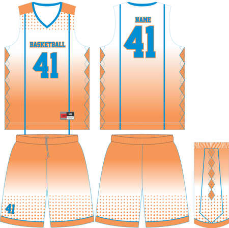 Custom Design basketball t-shirt  uniform kit, basketball jersey template.  front and back view shirt and shorts mock up.  Illustrationのイラスト素材