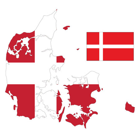 Denmark map and flag on a white background. Vector illustration.
