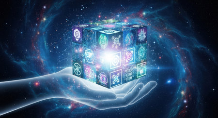 A translucent hand cradles a luminous, multi-faceted digital cube emitting bright light against a swirling cosmic background.の素材