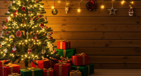 A beautifully decorated Christmas tree with glowing lights and wrapped presents sits in front of a rustic wooden wall, creating a cozy holiday atmosphere.の素材