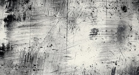 A distressed, monochromatic abstract background featuring rough, layered brushstrokes and splatters in black and white tones.の素材