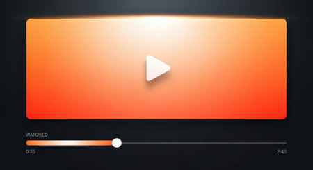 A sleek, modern digital interface displays a play button centered on a vibrant orange gradient screen, with a progress bar below.の素材