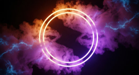 A glowing neon oval frame is centered against a dark background, enveloped by swirling clouds of pink, purple, and orange smoke with blue light effects.の素材