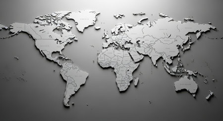 A grayscale, textured relief sculpture of the world map. Continents are raised, creating a dimensional and tactile representation of Earth.の素材