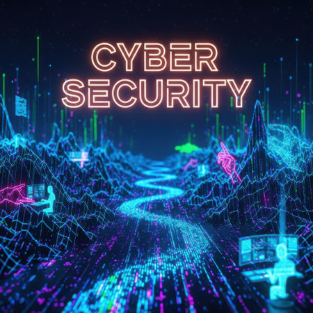 A vibrant, abstract digital landscape with glowing neon lines and a winding river of light, representing cyber security and technology.の素材