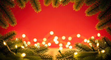 Close-up of evergreen fir branches framing a vibrant red background with soft, bokeh Christmas lights creating a warm, festive atmosphere.の素材