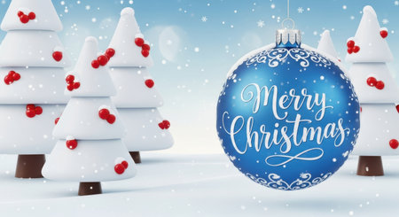 A large, ornate blue Christmas ornament with 'Merry Christmas' written on it sits in a snowy forest with decorated trees.の素材