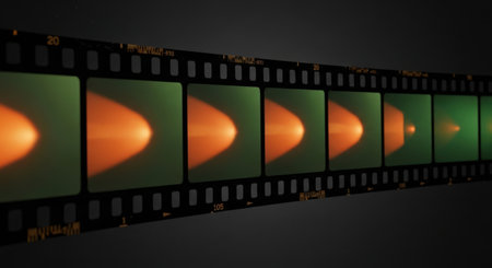 A series of film frames show a bright orange orb gradually changing color and shrinking, fading into a green hue against a dark background.の素材