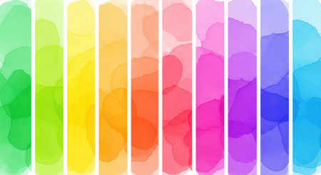 A vertical arrangement of watercolor brush strokes in a full spectrum of rainbow colors, creating a lively and artistic background.の素材