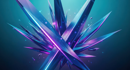A dynamic explosion of sharp, crystalline shards radiating vibrant neon blue and purple light against a dark, textured background.の素材