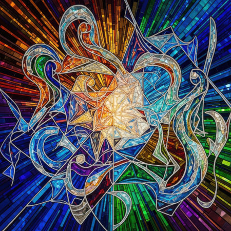 A vibrant, abstract stained glass design with swirling shapes and a radiant burst of light emanating from the center.の素材