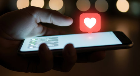 A hand holds a smartphone displaying a social media notification with a red heart icon. Blurred lights are in the background.の素材