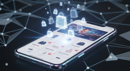 A modern smartphone showcases an e-commerce interface with product listings. Glowing icons and digital network lines suggest online connectivity and data flow.の素材