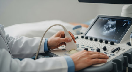 A close-up shot of a medical professional's hands operating an ultrasound machine displaying a fetal image on screen.の素材
