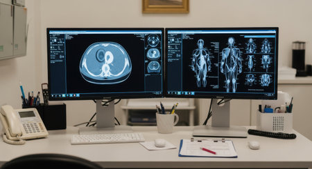 A doctor's desk with two large monitors showing CT scans of a human head and body, alongside medical equipment.の素材
