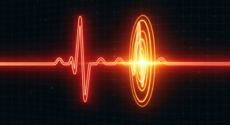 A vibrant abstract image featuring a red neon waveform on the left and glowing orange concentric circles emanating from a central point on the right, set against a dark background.の素材