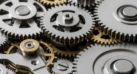 A detailed macro view of numerous interlocking metal gears, showing their teeth and metallic sheen, suggesting complex machinery.の素材