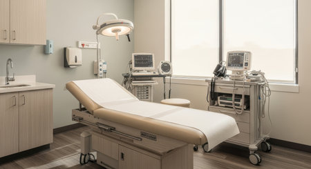 A clean and well-lit medical examination room featuring a patient examination table, medical equipment, and a large window.の素材
