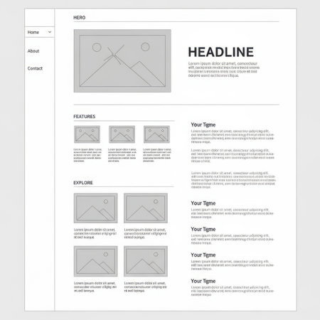 A black and white wireframe of a website layout featuring placeholder images, headlines, and text blocks for content organization.の素材