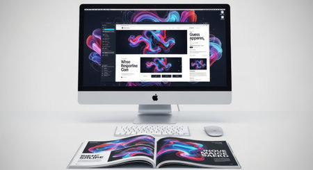 A sleek Apple iMac computer displays a vibrant abstract design on its screen, with an open magazine showcasing similar artwork placed in front.の素材
