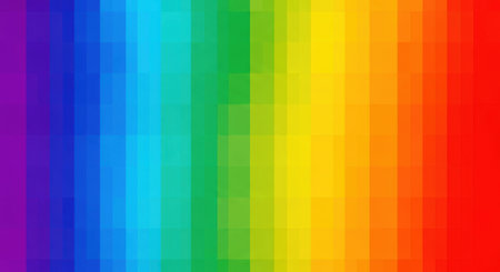 A close-up, pixelated abstract background showing a spectrum of rainbow colors arranged in vertical stripes with smooth transitions.の素材