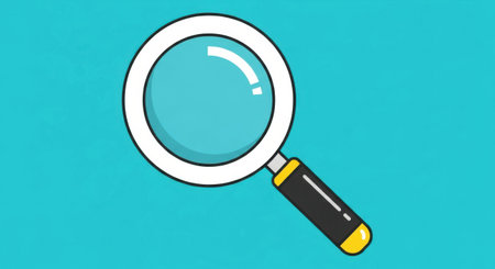 A cartoon-style magnifying glass with a white rim and a black and yellow handle is depicted against a solid turquoise background.の素材