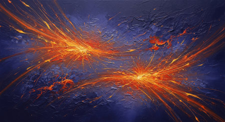 Two vibrant orange energy bursts explode against a deep blue, speckled background, creating a dynamic and abstract cosmic scene.の素材