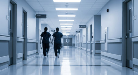 Silhouetted figures walk away from the camera down a sterile, well-lit hospital corridor with doors lining both sides.の素材