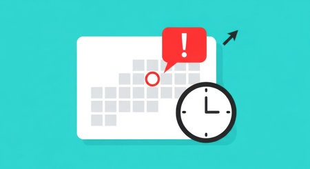 A calendar page with a circled date and an exclamation mark alert, alongside a clock, signifies an urgent deadline or important event.の素材