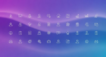A collection of simple, white line icons arranged in rows against a smooth, flowing purple and blue gradient background.の素材