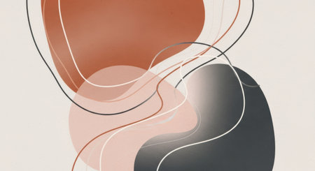 A modern abstract artwork featuring soft organic shapes in muted earthy tones, overlaid with thin, flowing line art on a pale background.の素材