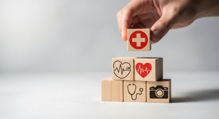A hand places a wooden block with a red cross symbol atop a stack of blocks featuring medical icons like a stethoscope and heart.の素材