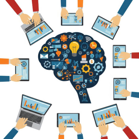 A stylized brain filled with icons representing ideas and technology, surrounded by hands holding various digital devices, symbolizing collective intelligence and digital collaboration.の素材